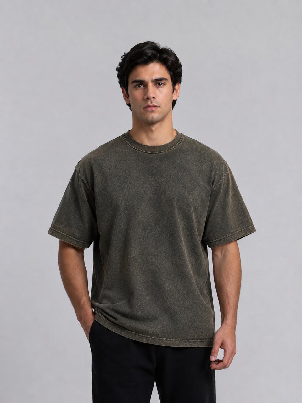 Premium  olive green Acid Wash Oversized drop shoulder  T-Shirt | relex fit Cotton Streetwear T-shirt