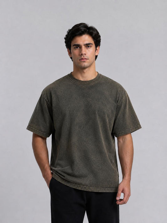 Premium  olive green Acid Wash Oversized drop shoulder  T-Shirt | relex fit Cotton Streetwear T-shirt